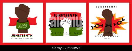 Juneteenth greeting cards with Clenched fist, raised black hand, breaking chains. A ribbon with the date 1865 and pan african flag. Symbol of National Stock Vector