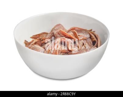 Anchovy fillets in bowl on white background Stock Photo