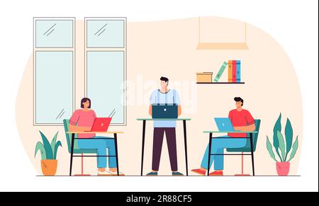 Employees sitting and standing at computer desks in office Stock Vector