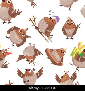 Birds pattern. funny cartoon sparrows in different poses seamless background Stock Vector