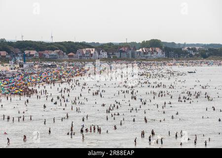 Crowds on the beach and in the sea, villas, Warnemuende, Rostock, Mecklenburg-Western Pomerania, Germany Stock Photo