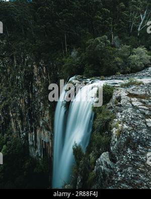 A majestic waterfall cascading down a lush green forest full of trees ...