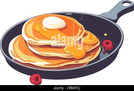 Stack of pancakes with syrup and berries Stock Vector