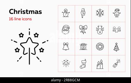 Christmas line icon set. Characters, Santa Claus Stock Vector