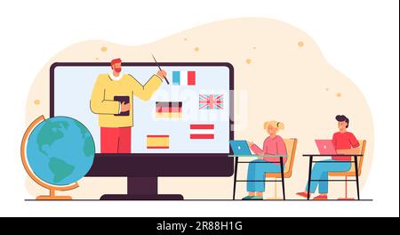 Pupils sitting in front of screen with teacher and countries Stock Vector
