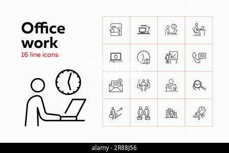 Office work icons. Set of line icons on white background. E-mail sign, partners, clock, coffee machine. Can be used for topics like office, business Stock Vector