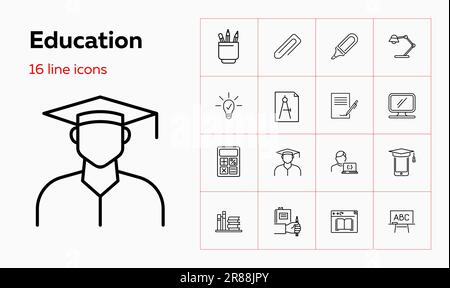 Education line icon set. Stationery, graduation, books. Studying concept. Can be used for topics like training courses, distance learning, university Stock Vector
