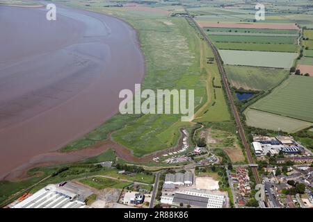 aerial view from high above Brough Haven View Point looking west across the marshlands on the North side of the Humber bear Brough, East Yorkshire Stock Photo