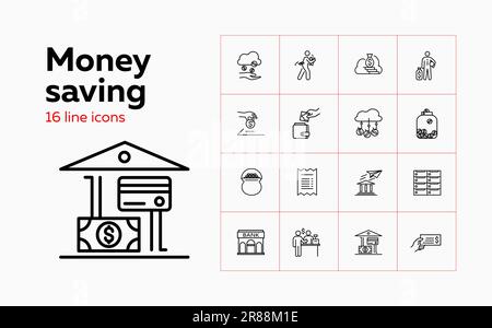 Money saving line icon set. Bank, box, wallet. Finance concept. Can be used for topics like deposit, financial management, secure Stock Vector