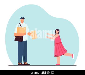 Smiling girl running to mailman holding letter and parcel Stock Vector