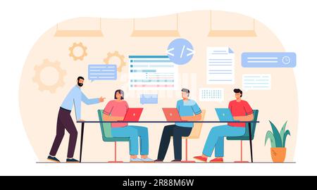 Team of programmers working on program code with laptops Stock Vector