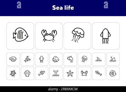 Sea life line icon set Stock Vector