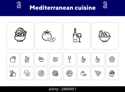 Mediterranean cuisine line icon set Stock Vector