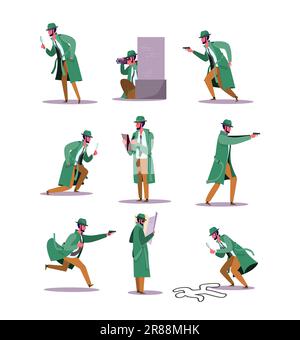 Set of detective investigating crime Stock Vector