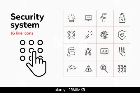 Security system line icon set. Key, locked data storage Stock Vector