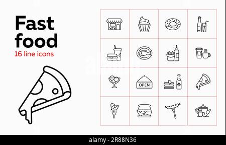Fast food line icon set. Cupcake, sausage, fish. Eating concept. Can be used for topics like menu, cafe, restaurant meals Stock Vector