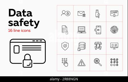 Data safety line icon set. Spider, fingerprint Stock Vector