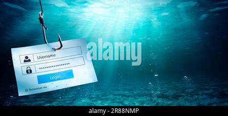 Phishing - Login Account Attached Fishing Hook - Risk Hacking Username And Password Stock Photo