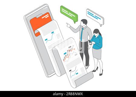 Isometric Business to Business Marketing, business analysis, analytics, research, strategy statistic, planning, marketing Stock Vector