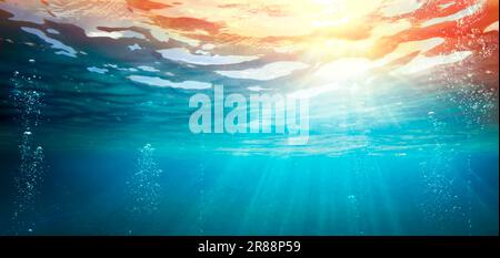 Underwater Ocean With Sunset - Abyss With Sunlight - Abstract Defocused Background And Glowing Effect Stock Photo