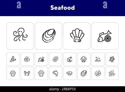 Seafood line icon set. Shrimp, seashell, turtle Stock Vector