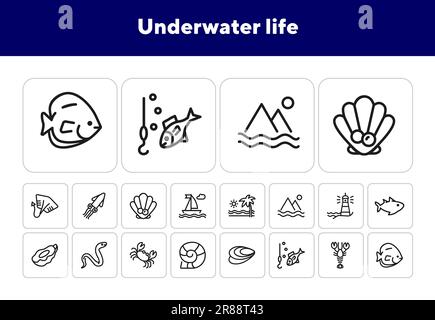 Underwater life line icon set Stock Vector