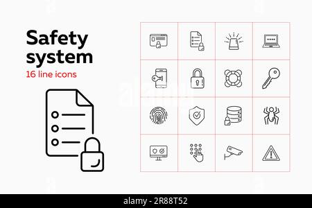 Safety system line icon set. Computer, data storage Stock Vector