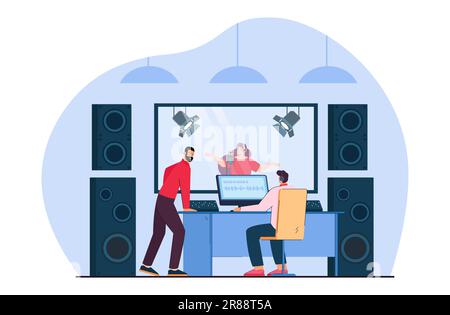 Sound engineers recording song of woman in studio control room Stock Vector