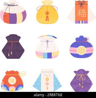 Chinese lucky bags. Art flat korean bag, gift or fortune symbols. Asian oriental tradition elements, fabric pockets. Holiday purses racy vector icons Stock Vector