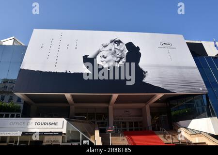 France, côte d'azur, Cannes, the official poster for the 76th International film festival, this year the french actress chosen is Catherine Deneuve. Stock Photo