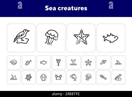 Sea creatures line icon set Stock Vector