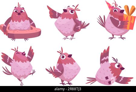 Cartoon sparrows. Funny birds in action poses standing flying exact vector sparrows collection Stock Vector