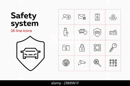 Safety system line icon set. Car, shield, lock Stock Vector