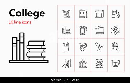 College line icon set. Book, owl, university. Education concept. Can be used for topics like graduation, studying, degree Stock Vector