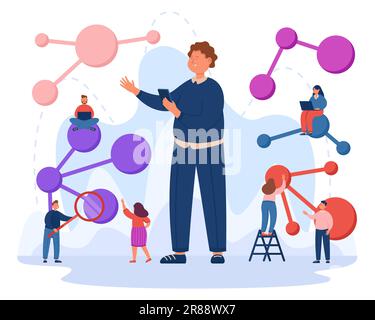 Tiny cartoon scientists studying complex molecules Stock Vector