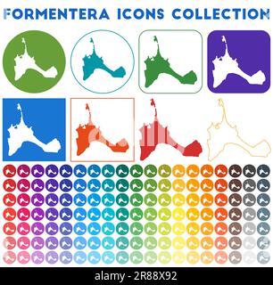 Formentera icons collection. Bright colourful trendy map icons. Modern Formentera badge with island map. Vector illustration. Stock Vector