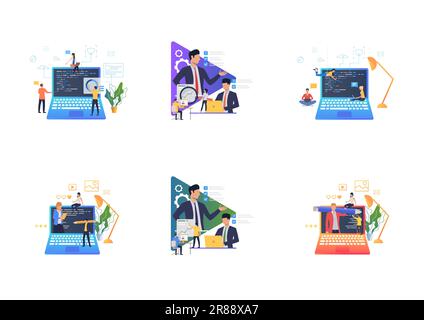 Set of people working on laptops Stock Vector