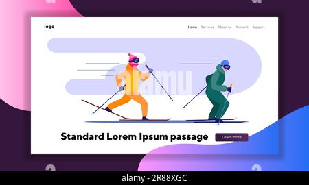 Two people skiing fast in row Stock Vector