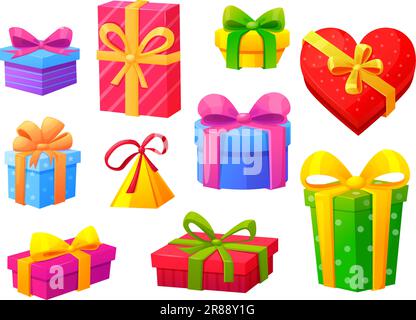 Cartoon gift boxes, digital gifts with bow graphic elements for celebration christmas or birthday. Party present pack nowaday vector clipart Stock Vector