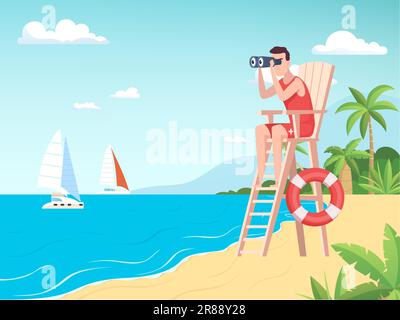 Marine lifeguard. sea landscape with lifeguard man watching to horizon. Vector background Stock Vector