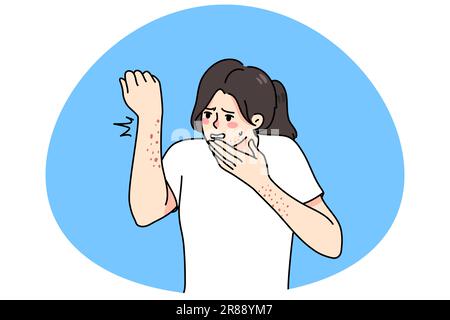 Confused young woman frustrated with red spots or marks on body. Shocked girl having rash or dermatitis on hands and face. Healthcare and allergy problem concept. Vector illustration. Stock Vector