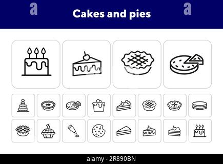Cakes and pies line icon set Stock Vector