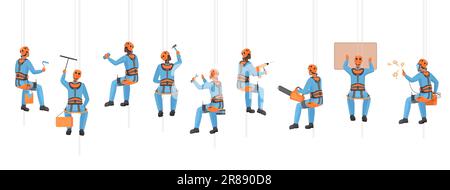 Construction and maintenance workers hanging on harness set vector illustration. Cartoon isolated technician climbers work with equipment at height, industrial alpinists with belt and rope protection Stock Vector