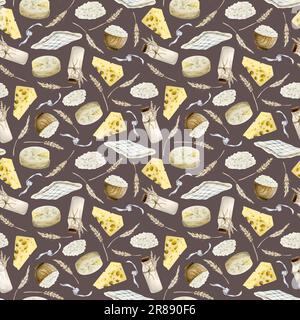 Dairy products milk cheese seamless pattern with camembert, tea towel, cottage cheese and ears of wheat on brown Stock Photo