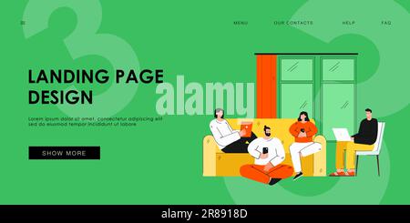Happy friends sitting in living room with digital devices Stock Vector