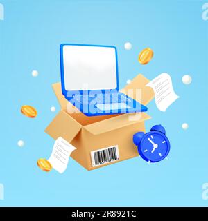 3d laptop with opened box, qr code, bills, receipts, alarm clock, coins, isolated on background. Design concept for laptop unboxing, commerce, sales, online shopping. 3d vector illustration. Vector illustration Stock Vector