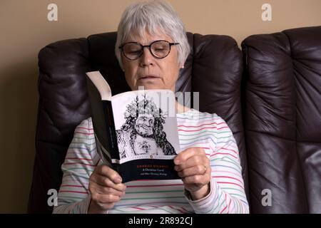 Lady reading a paperback book at home Stock Photo