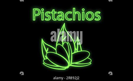 pistachios on a black background, vector illustration, neon. nuts for food and drinks. green pistachios with leaves. neon green sign, illumination. Stock Vector