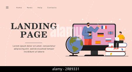 Tiny man learning foreign languages online Stock Vector