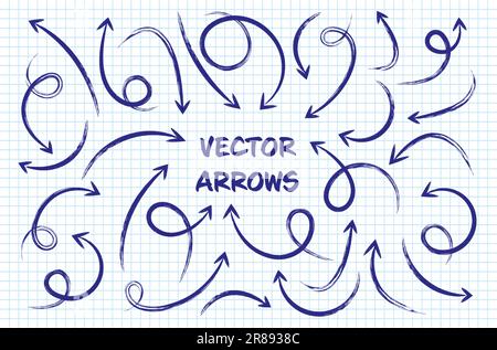 Grunge hand drawn arrows on checkered paper sheet. School notebook for drawing. Doodle arrow icon, simple monochrome pointer silhouettes. Outline Stock Vector